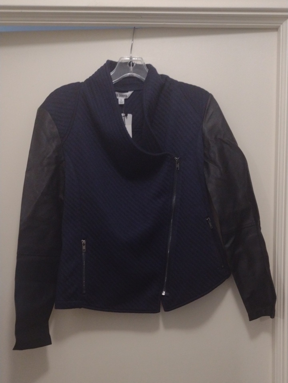 BB Dakota Navy Side-Zipper Jacket with Black Faux Leather Sleeves (J800)